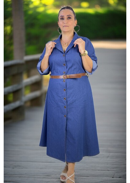 Önden Düğmeli Katlanır Kol Kemer Aksesuarlı Büyük Beden Kloş Kot Elbise indirimleri