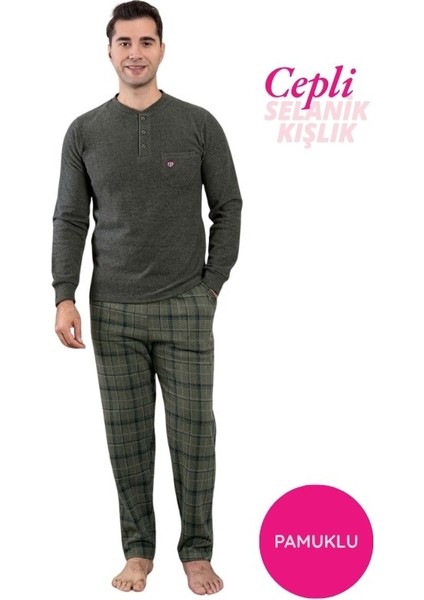 Erkek 3 Düğme Göğüs Cepli Kışlık Pamuklu Selanik Kumaş Uzun Manşetli Kol Cepli Pijama Takımı