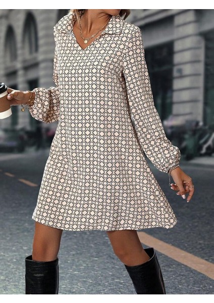 Kadın Uzun Kollu Yakalı Desenli Mini Modal Elbise modelleri