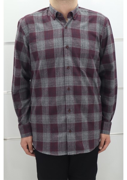 Fistan Store Erkek Bordo Ekose Klasik Kesim Rahat Kalıp Tek Cepli Kışlık Kaşmir Gömlek
