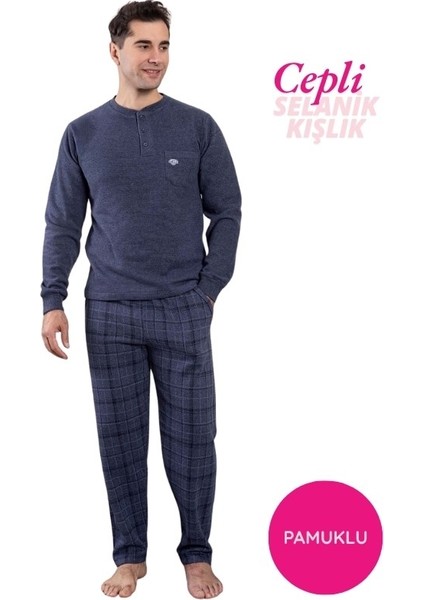 Erkek 3 Düğme Göğüs Cepli Kışlık Pamuklu Selanik Kumaş Uzun Manşetli Kol Cepli Pijama Takımı