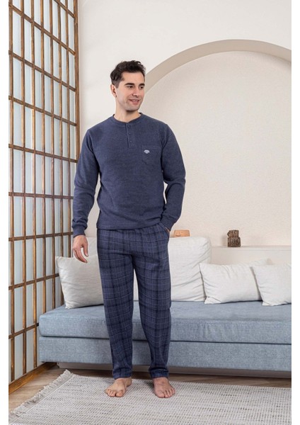 Erkek 3 Düğme Göğüs Cepli Kışlık Pamuklu Selanik Kumaş Uzun Manşetli Kol Cepli Pijama Takımı fırsatları