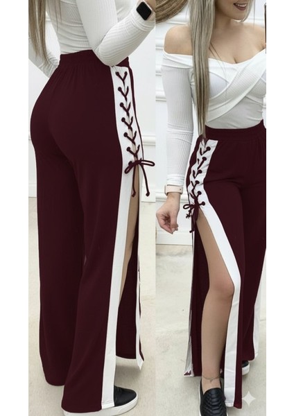 Kadın Yüksek Bel Yandan Çapraz Bağcıklı Yırtmaçlı Viskon Iki Iplik Pantolon