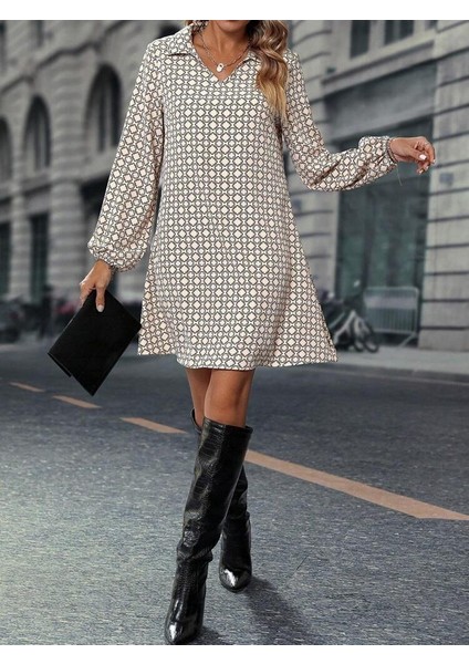 Kadın Uzun Kollu Yakalı Desenli Mini Modal Elbise fiyatları