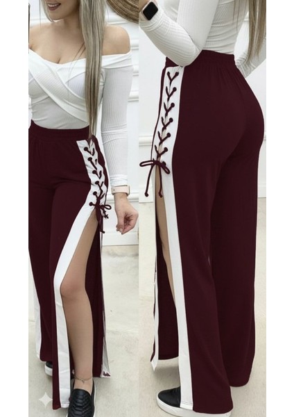 Kadın Yüksek Bel Yandan Çapraz Bağcıklı Yırtmaçlı Viskon Iki Iplik Pantolon modelleri