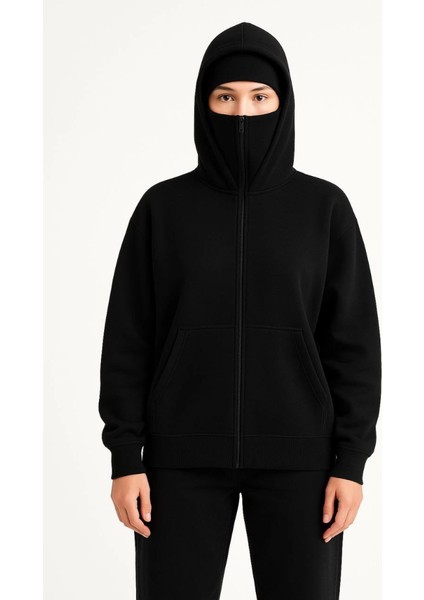 Samuray Ninja Çift Kapşonlu Zıp Fermuarlı Kanguru Çepli Hoodie Maske Detaylı Swetshirt - Siyah fırsatları