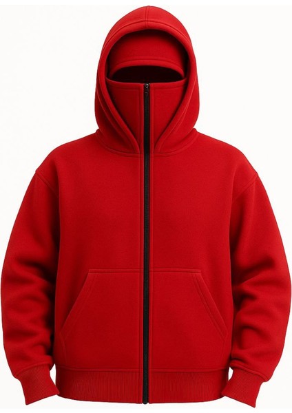 Samuray Ninja Çift Kapşonlu Zıp Fermuarlı Kanguru Çepli Hoodie Maske Detaylı Swetshirt - Kırmızı fiyatları