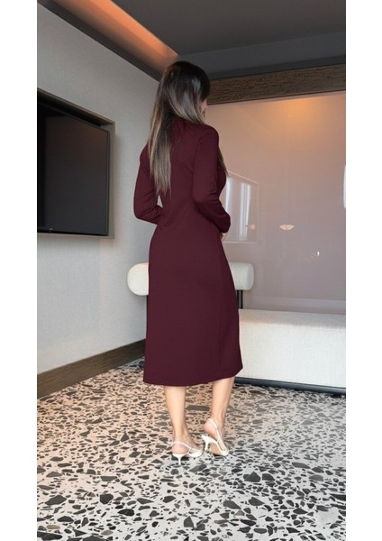 Kadın Uzun Kollu Balıkçı Yaka Önden Fermuarlı Yırtmaçlı Midi Viskon Iki Iplik Elbise modelleri