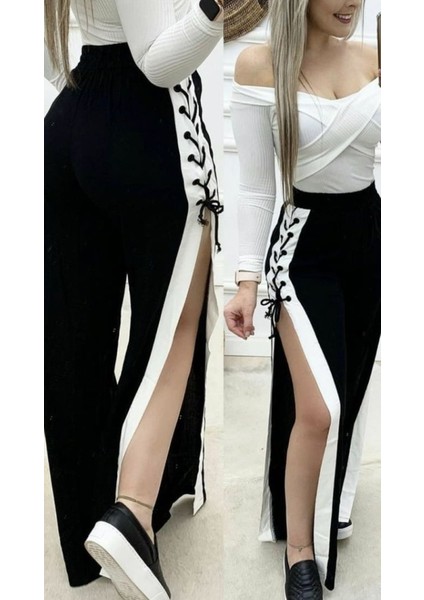 Kadın Yüksek Bel Yandan Çapraz Bağcıklı Yırtmaçlı Viskon Iki Iplik Pantolon