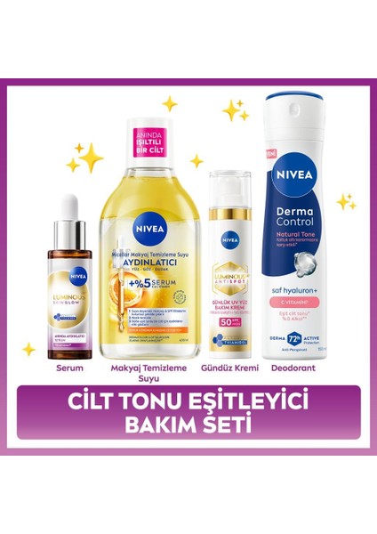 Cilt Tonu Eşitleyici Bakım Seti, Aydınlatıcı Serum, Makyaj Temizleme Suyu, Gündüz Kremi ve Deodorant