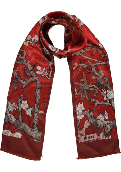 %100 Ipek Şal Fular (27X135 Cm)-Vincent Van Gogh(Badem Ağacı Kırmızı)