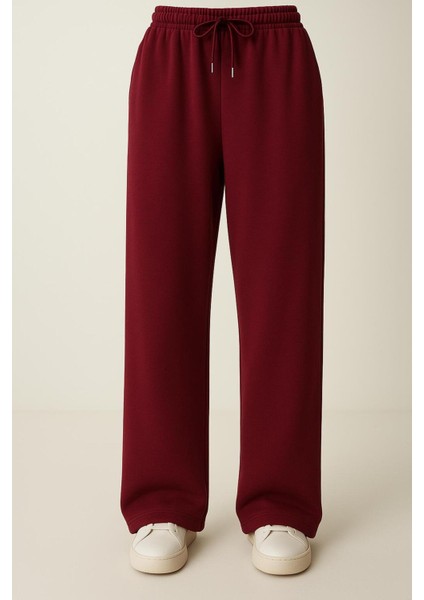 Modal Kumaş Bol Paça Pantolon - Geniş Paça Eşofman Altı Bordo modelleri