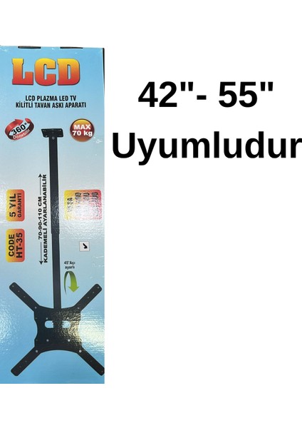 42-55" Televizyon Tavan Askı Aparatı 360° Dönebilir 70 kg Kapasiteli Kademe Ayarlı