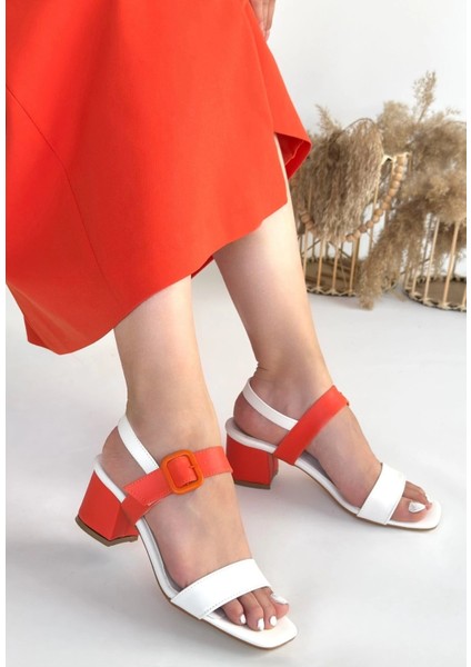 Mtxdpn Year Beyaz Cilt Turuncu Detaylı Topuklu Ayakkabı (Numara: 37)