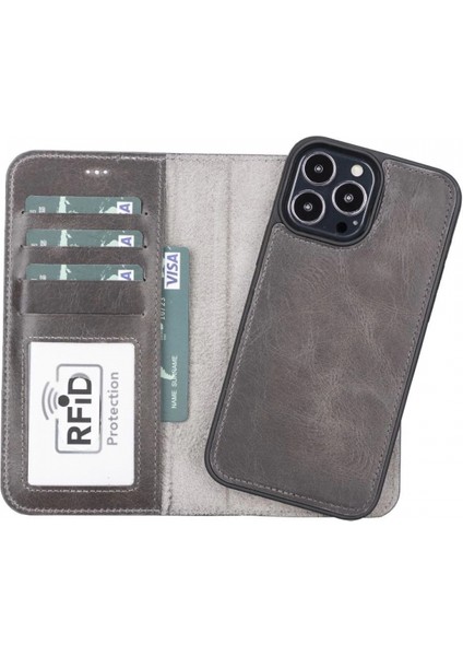 Apple iPhone 13 Pro Max Uyumlu Deri Cüzdanlı Kılıf Mwwn Tn1 Gri