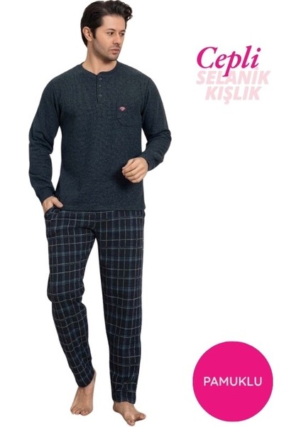 Erkek 3 Düğme Göğüs Cepli Kışlık Pamuklu Selanik Kumaş Uzun Manşetli Kol Cepli Pijama Takımı