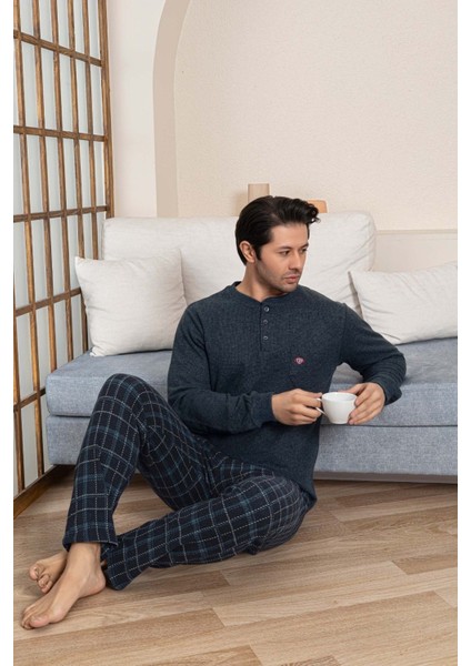 Erkek 3 Düğme Göğüs Cepli Kışlık Pamuklu Selanik Kumaş Uzun Manşetli Kol Cepli Pijama Takımı fırsatları