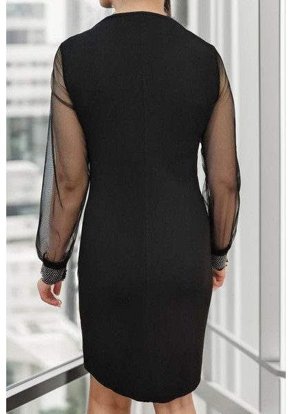 Kadın Uzun Kollu Bisiklet Yaka Kollar Tül Manşet Taş Işlemeli Krep Elbise