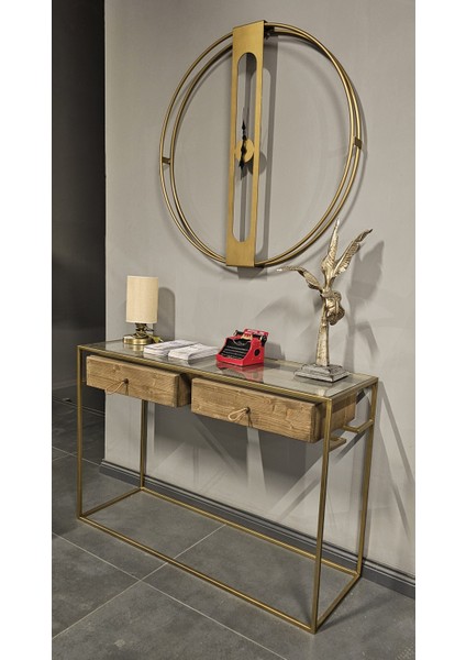 Lima Vol1 Eskitme Pirinç Metal İki Çekmeceli Antre Dresuar Konsol