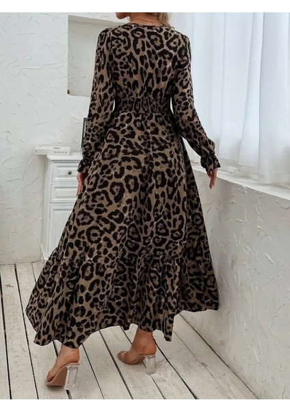 Kadın Uzun Kollu Kruvaze Yaka Leopar Desenli Uzun Süprem Elbise fiyatları