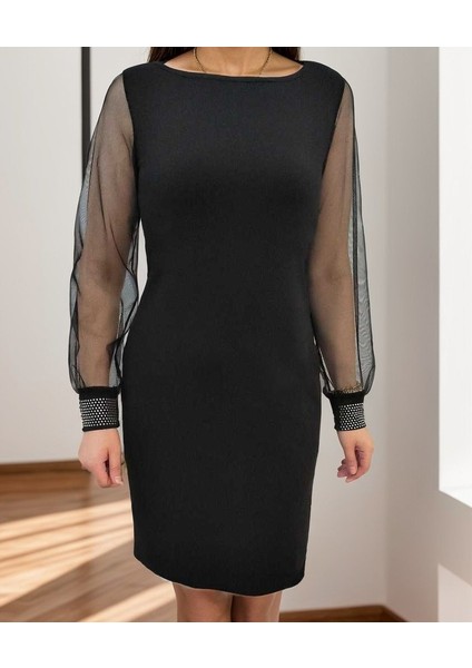 Kadın Uzun Kollu Bisiklet Yaka Kollar Tül Manşet Taş Işlemeli Krep Elbise indirimleri