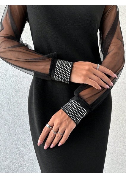 Kadın Uzun Kollu Bisiklet Yaka Kollar Tül Manşet Taş Işlemeli Krep Elbise