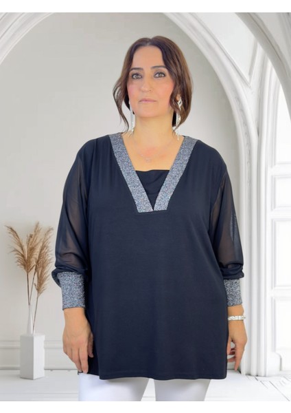 Yakası ve Kol Ağızları Simli Kollar Şifon Mini Yırtmaçlı V Yaka Büyük Beden Bluz