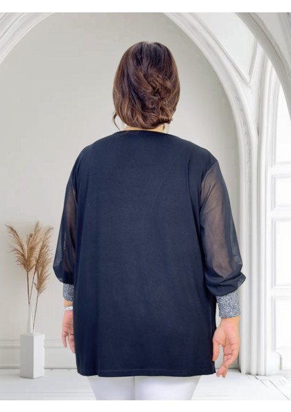 Yakası ve Kol Ağızları Simli Kollar Şifon Mini Yırtmaçlı V Yaka Büyük Beden Bluz fiyatları