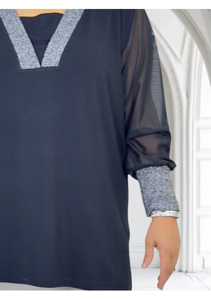 Yakası ve Kol Ağızları Simli Kollar Şifon Mini Yırtmaçlı V Yaka Büyük Beden Bluz modelleri