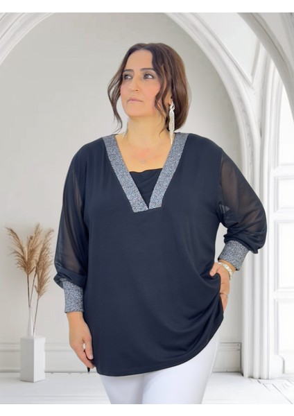 Yakası ve Kol Ağızları Simli Kollar Şifon Mini Yırtmaçlı V Yaka Büyük Beden Bluz fırsatları