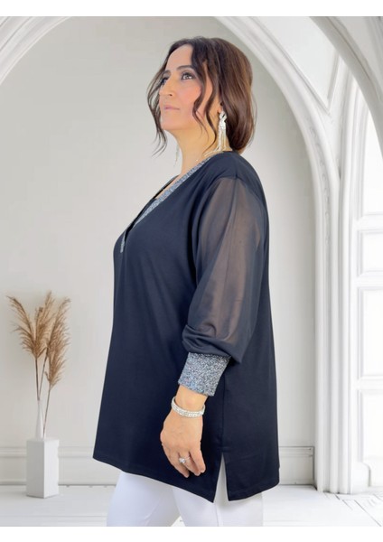 Yakası ve Kol Ağızları Simli Kollar Şifon Mini Yırtmaçlı V Yaka Büyük Beden Bluz indirimleri