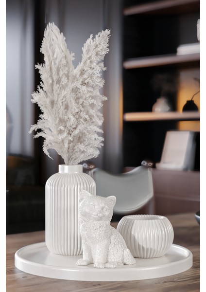 Snow Collection - Dekoratif 3'lü Set - Tüylük & Mumluk & Kedi Figürü