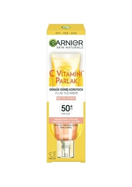 Garnier C Vitamini Parlak Günlük Güneş Koruyucu Fluid Yüz Kremi Işıltılı Doku SPF50, 40 ml