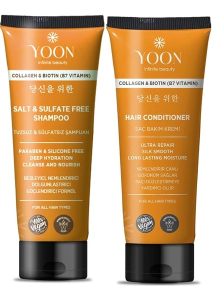 Yoon 2&apos;li Vegan Tuzsuz Şampuan 250ML & Saç Kremi 200ML Sülfatsız, Kolajen ve Biotinli Yumuşak, Canlı ve Güçlü Saçlar 2&apos;li Besleyici Set
