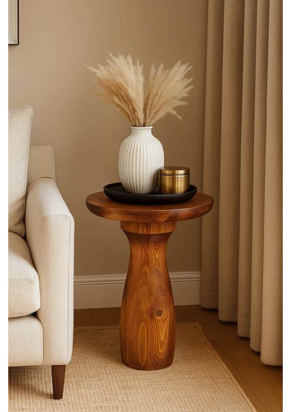 Rustik Meşe Renk Mantar Sehpa – Doğal Masif Ahşap Tekli Sehpa