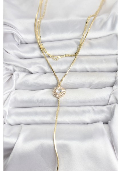 Bfs Pirinç Gold Renk Zirkon Taşlı Papatya Model Detaylı 3'lü Kombin Y Kadın Kolye fiyatları