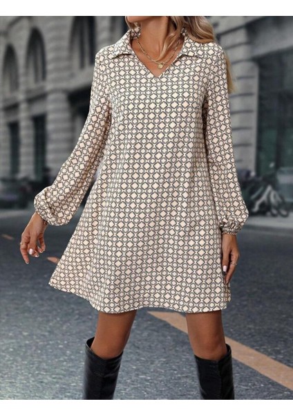 Kadın Uzun Kollu Yakalı Desenli Mini Modal Elbise