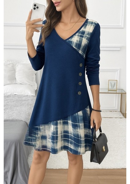 Miracotton Kadın Uzun Kollu V Yakalı Yün Viskon ve Desenli Süprem Elbise