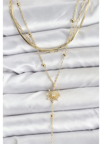 Bfs Pirinç Gold Renk Zirkon Taşlı Model Detaylı 3'lü Kombin Y Kadın Kolye