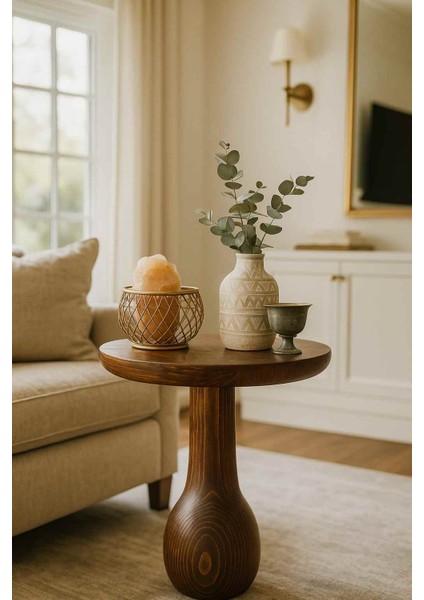 Meşe Renk Masif Ahşap Mantar Sehpa – Tekli Dekoratif Yan Sehpa