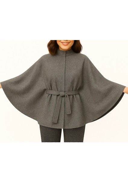 Özel Dikim Oversize Cape Panço Simli İnce Yünlü Pelerin Model Şık Kadın Dış Giyim