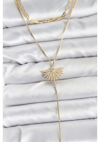 Bfs Pirinç Gold Renk Zirkon Taşlı Yelpaze Model Detaylı 3'lü Kombin Y Kadın Kolye