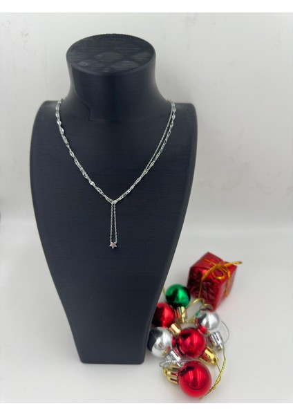 Gümüş Renk Zincir Yıldız Detaylı Kadın Kolye