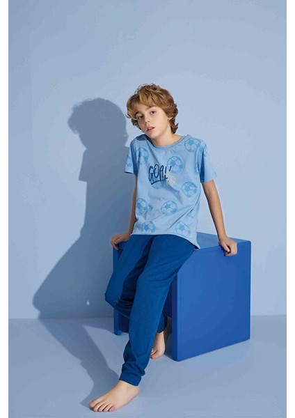 Erkek Çocuk Goal T-Shirt Uzun Alt Penye Süprem Bisiklet Yaka Orta Kalın Pijama TAKIMI-3936