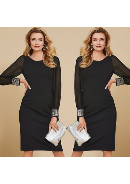 Kadın Uzun Kollu Bisiklet Yaka Kollar Tül Manşet Taş Işlemeli Krep Elbise modelleri