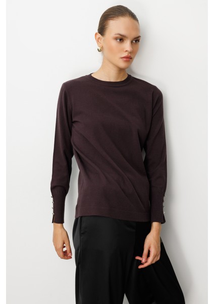 Kol Düğmeli Kahverengi Yuvarlak Yaka Ince Triko Kazak modelleri