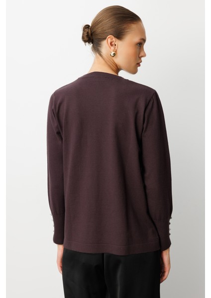 Kol Düğmeli Kahverengi Yuvarlak Yaka Ince Triko Kazak fırsatları