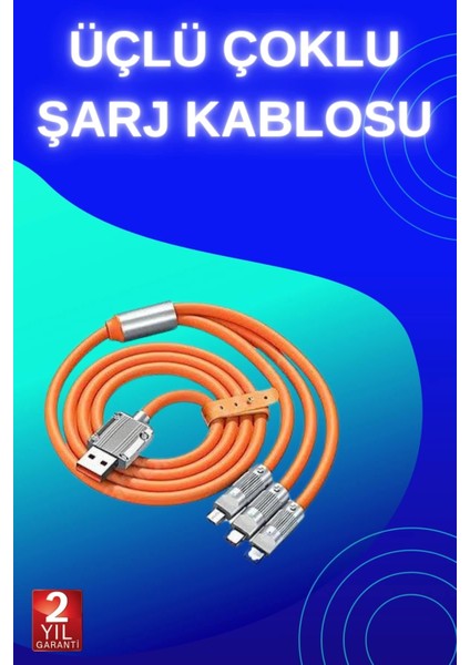 3 In 1 Süper Hızlı Şarj Kablosu Android ve Ios Uyumlu Silikon Şarj Kablosu