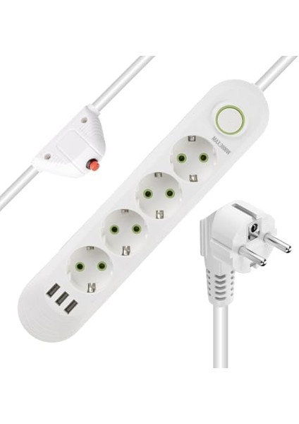 Akım Korumalı Priz, 4’lü Priz,1.5 Metre Kablolu, 3 Usb’li 3000W, 16 Amper, Kablo Üstünde Koruma Sigortalı, Çocuk Korumalı, Topraklı (Beyaz-4) modelleri
