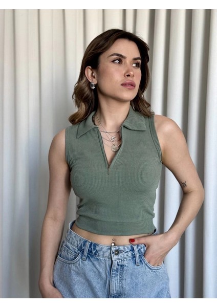 Mtxdpn Kısa Fermuarlı Crop Haki (Beden: M) modelleri